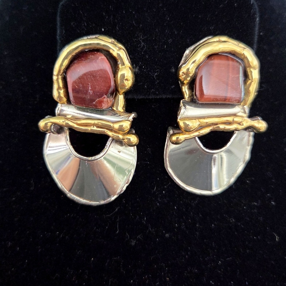 VTG Mixed Metal Modernist Clip On Earrings Tigers Eye Two Tone Statement